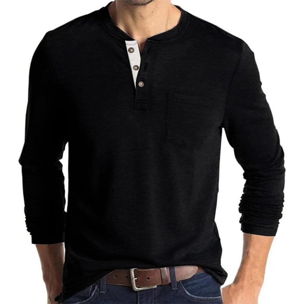 Men's Black Casual Long Sleeve Fashion Button Henley T Shirts